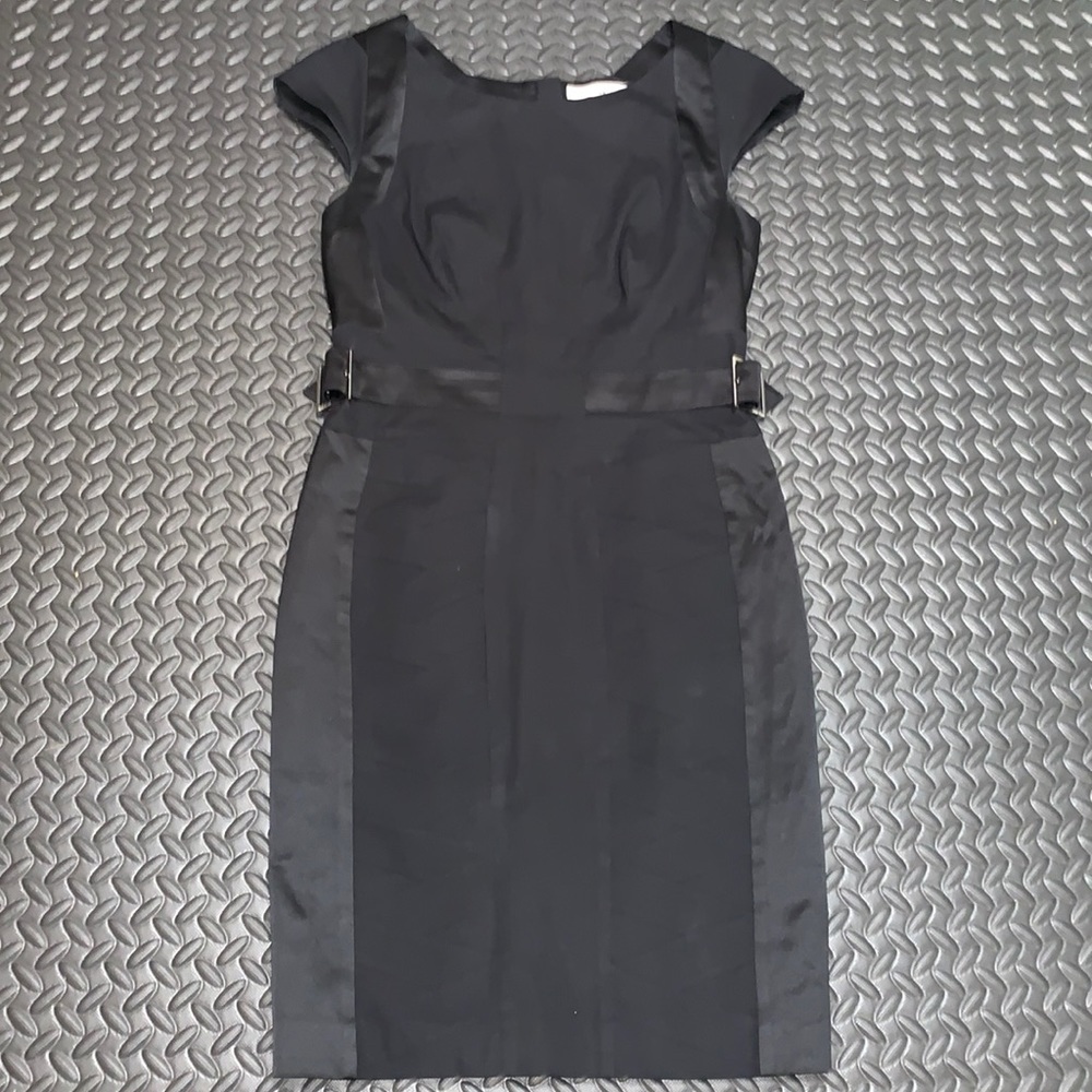 Karen Millen Black Cap Sleeve Sheath Dress with Satin Panels